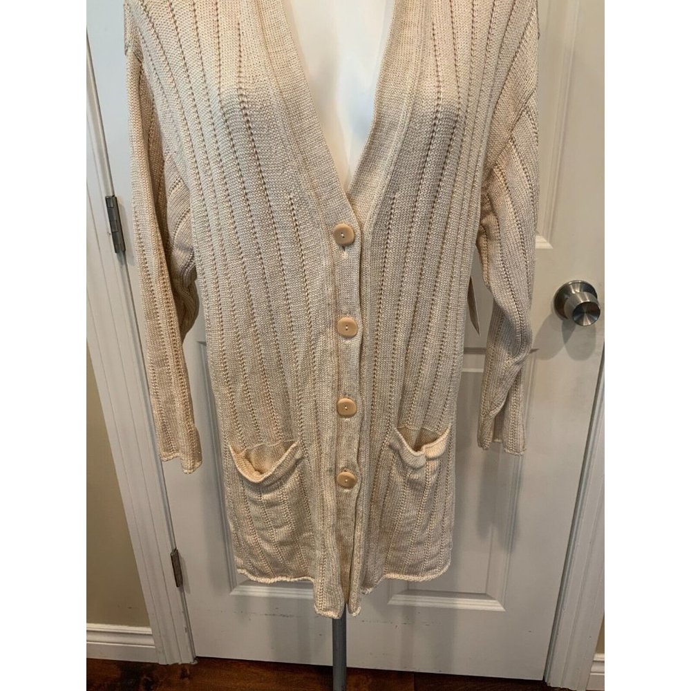Escada Cream Open-Front Ribbed Knit Cardigan with Pockets - Picture 3 of 7